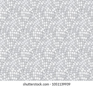 Abstract mosaic Break by Row seamless pattern. Fragments of a circle laid out from tiles trencadis. Vector background.