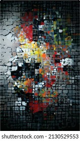 Mosaico abstracto, explosión rojo-naranja brillante en un fondo negro. Cubos dispersos, partículas, bocanadas de humo. Caos y destrucción del espacio. fondo creativo para álbum, ilustración, libro.