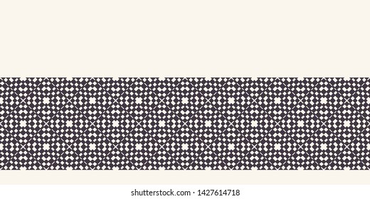 Abstract mosaic checkerboard border background. Monochrome hand drawn texture illustration. Modern classic check. Trendy hipster fashion ribbon trim. Masculine home decor. Seamless vector banner edge