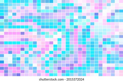 Abstract mosaic with color cells and white border. Pastel disco background. Pink blue color checkered template. Geometric pattern macro pixel. Glitch effect design element. Pale abstraction