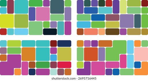 Abstractas mosaico de coloridos rectángulos redondeados y cuadrados dispuestos en cuatro cuadrantes en un