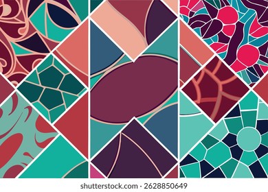 Abstract mosaic composition with colorful geometric shapes and stained glass aesthetics
