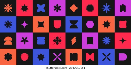 Abstract mosaic cover  with shapes, elements, figures. Modern brutalism design of stars, flowers, simple forms on colorful chessboard background. Vector illustration