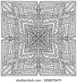 abstract mosaic drawn with linear ornaments on a white background for coloring, vector, mandala