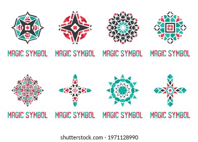 Abstract mosaic emblems set. Decorative signs with geometric ornaments. Vector template for logo design
