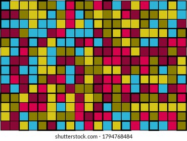 Abstract mosaic filled with blue, red, pink yellow, green colors, and different sized white borders for web, cover, presentation, social media, technology, wrapping paper, art, etc. backgrounds
