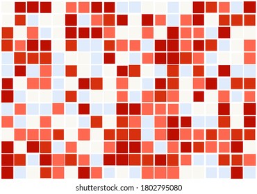 Abstract mosaic filled with light blue, red, light yellow colors, and different sized white borders for web, cover, presentation, social media, technology, wrapping paper, art, etc. backgrounds