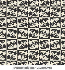 Abstract mosaic with flowers, seamless pattern in black and white. Drawn by hand. Flat design, cartoon, vector illustration. Template for design and printing.