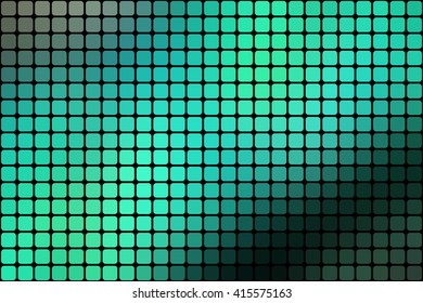 Abstract mosaic green background with square tiles over black, horizontal format.