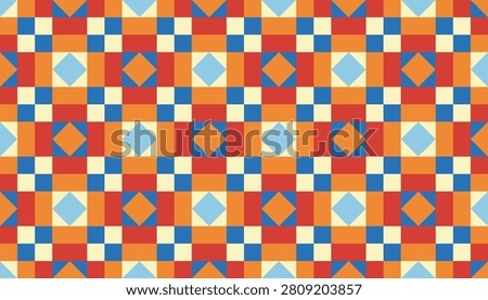 Abstract mosaic grid vector seamless pattern. Vibrant red, orange, and blue geometric diamond background for trendy wallpaper, wrapping paper, and packaging template.