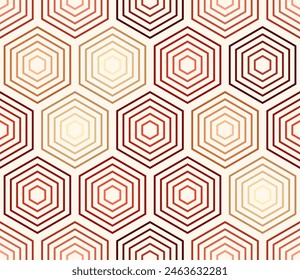 Abstract mosaic hexagon shapes background. Red color tones gradients. Hexagon stacked mosaic cells. Large hexagons. Seamless pattern. Tileable vector illustration.