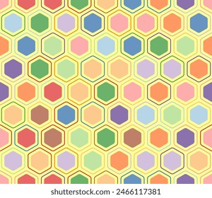 Abstract mosaic hexagon shapes background. Rounded hexagons mosaic pattern with inner solid cells. Honeycomb cells. Multiple tones color palette. Seamless pattern. Tileable vector illustration.