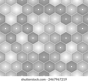 Abstract mosaic hexagon shapes background. Grey color tones gradients. Stacked hexagons mosaic pattern. Hexagonal cells. Seamless pattern. Tileable vector illustration.