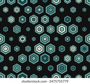 Abstract mosaic hexagon shapes background. Multicolored geometric elements of varied size. Plain hexagon frames. Hexagonal cells. Tileable pattern. Seamless vector illustration.