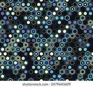 Abstract mosaic hexagon shapes background. Geometric elements of varied style and color. Honeycomb geometric shapes. Tileable pattern. Seamless background. Elegant vector illustration.