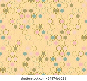 Abstract mosaic hexagon shapes background. Geometric shapes of varied style and color. Hexagon cells. Tileable pattern. Seamless background. Elegant vector illustration.