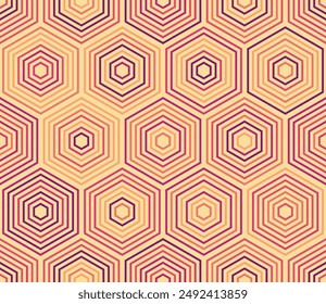 Abstract mosaic hexagon shapes background. Stacked hexagons mosaic pattern. Large hexagons. Multiple tones color palette. Seamless pattern. Tileable vector illustration.