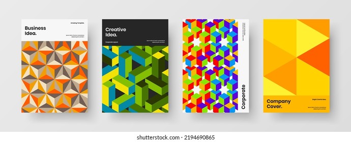 Abstract mosaic hexagons handbill layout set. Clean company brochure vector design template collection.