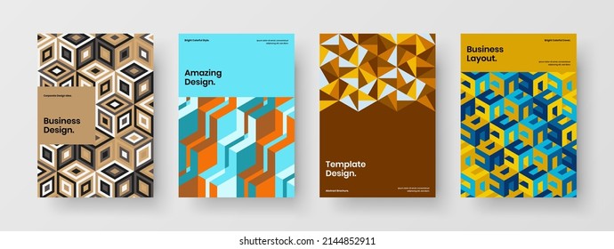 Abstract mosaic hexagons leaflet illustration collection. Creative corporate identity design vector layout bundle.