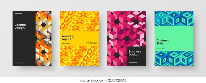 Abstract mosaic hexagons leaflet template bundle. Creative company identity A4 design vector concept set.