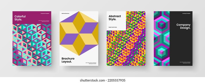 Abstract mosaic hexagons postcard layout set. Isolated booklet A4 design vector illustration composition.