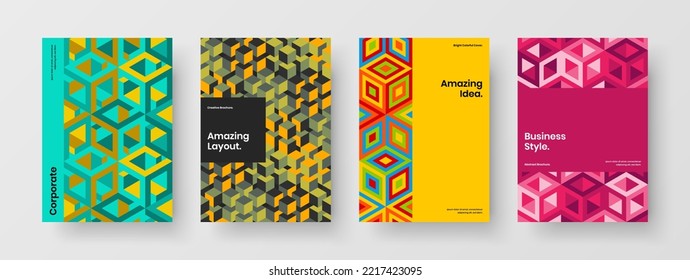 Abstract mosaic hexagons postcard template set. Creative book cover A4 vector design illustration composition.