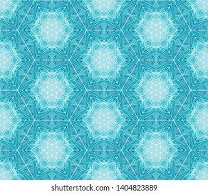 Abstract mosaic, kaleidoscope vector seamless pattern. Ice, frost backdrop. Snowflakes, frozen stars, flowers wallpaper. Geometrical shapes and lines ornament. Polygonal crystal snow background