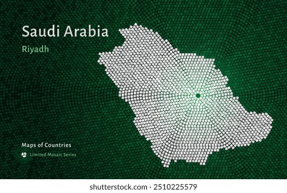 Mapa Abstractas en mosaico de Arabia Saudita con Riad como punto focal. Colores de la bandera. 