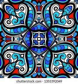 Abstract mosaic ornament, stained glass background, vector seamless pattern in bright colors, decorative tile with sea water motif