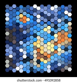 Abstract mosaic pattern composed of hexagons of different colors. Multicolored geometric background