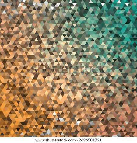 An abstract mosaic pattern composed of numerous small triangles. The colors transition from warm oranges and browns on the left to cool greens and teals on the right, creating a dynamic visual flow.