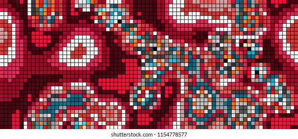 Abstract mosaic pattern formed by squares of different colors. Vector illustration in pixel art style. Colorful geometrical background.