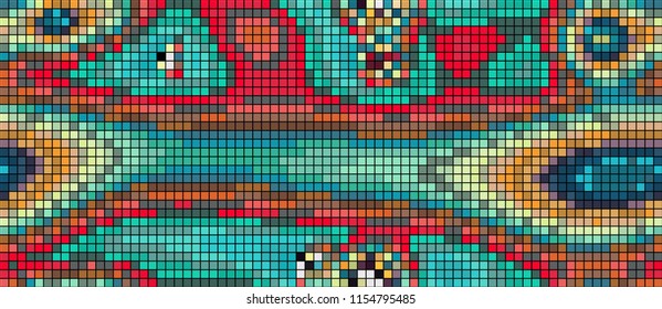 Abstract mosaic pattern formed by squares of different colors. Vector illustration in pixel art style. Colorful geometrical background. The image format is suitable for printing on a mug.