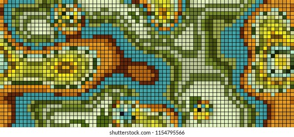 Abstract mosaic pattern formed by squares of different colors. Vector illustration in pixel art style. Colorful geometrical background. The image format is suitable for printing on a mug.