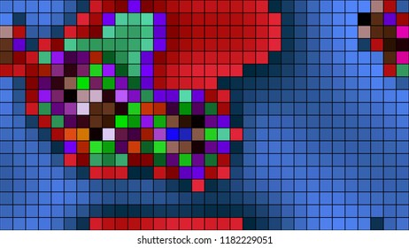 Abstract mosaic pattern formed by squares of different colors. Vector illustration in pixel art style. Colorful geometrical background.