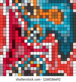 Abstract mosaic pattern formed by squares of different colors. Vector illustration in pixel art style. Colorful geometrical background.