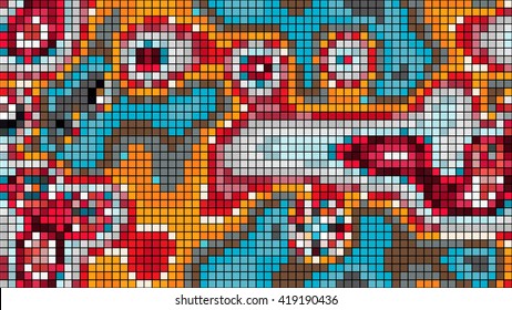 Abstract mosaic pattern formed by squares of different colors. Vector illustration in pixel art style