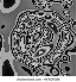 Abstract mosaic pattern formed by squares of different shades of grey and black. Vector illustration in pixel art style