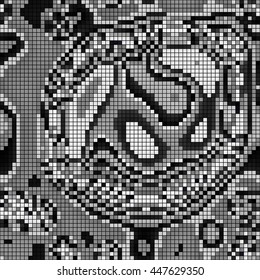 Abstract mosaic pattern formed by squares of different shades of grey and black. Vector illustration in pixel art style