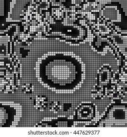 Abstract mosaic pattern formed by squares of different shades of grey and black. Vector illustration in pixel art style