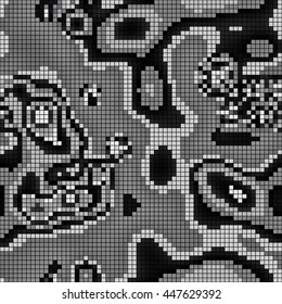 Abstract mosaic pattern formed by squares of different shades of grey and black. Vector illustration in pixel art style
