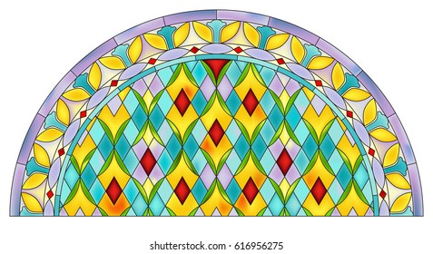Abstract Mosaic Pattern Half Round Stained Glass Window Design. Vector Illustration. Isolated Outlines saved in Separate Layer