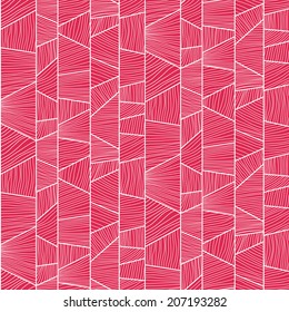 Abstract mosaic  pattern with hand drawn wavy elements. Stylized texture with colorful trapeziums. Pink puzzle background for decoration or backdrop. Seamless vector.