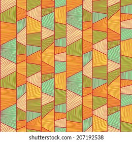 Abstract mosaic  pattern with hand-drawn wavy elements. Stylized texture with colorful trapeziums. Tropical puzzle background for decoration or backdrop. Seamless vector.