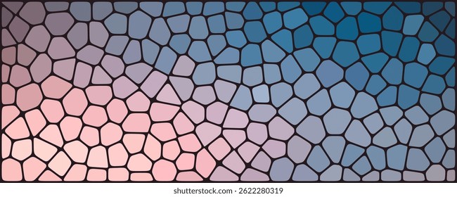 Abstract mosaic pattern with irregular cells, transitioning from soft pink and lavender tones on the left to cool blue hues on the right.

