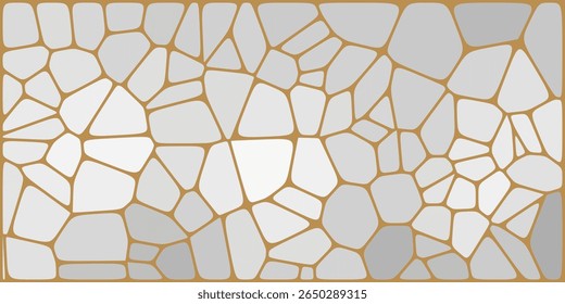 Padrão de mosaico abstrato com formas irregulares, semelhantes a seixos, em tons de branco e cinza delineados por linhas marrom-douradas, criando um efeito moderno de vitral.

