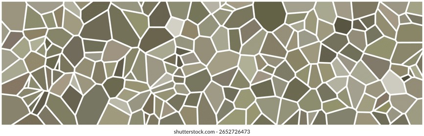 Padrão de mosaico abstrato com formas de polígono irregulares em tons de verde terra, marrom e bege, com contorno de linhas brancas.

