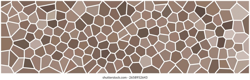Padrão de mosaico abstrato com formas de polígono irregulares em tons de marrom terra e contornos brancos, criando um efeito de vidro manchado.

