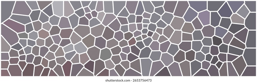 Abstract mosaic pattern with irregular polygonal shapes in shades of gray, purple, and white, creating a dynamic and textured visual effect.

