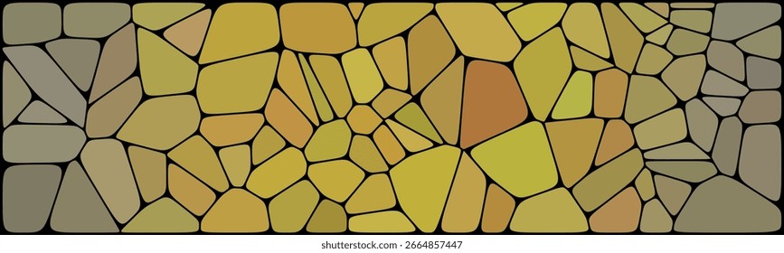 Abstract mosaic pattern with irregular stone-like shapes in warm yellow and brown tones, outlined in black, creating a textured and artistic design.

